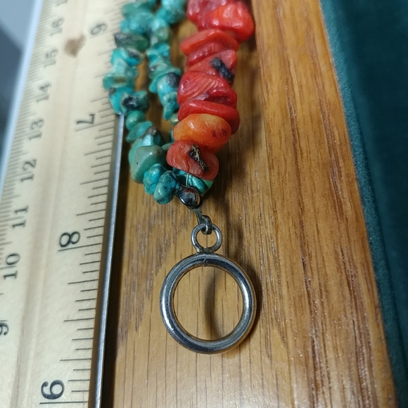 Turquoise Chip & Coral Bracelet 3 Strand 925 Sterling Silver 8" Long - Picture 9 of 16